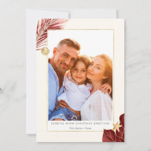 Burgundy and Gold Tropical Greenery Photo Holiday Card