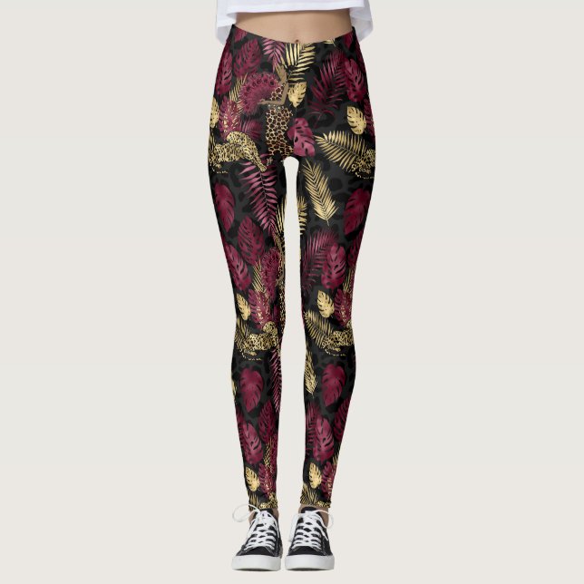Burgundy and Gold Tropical Leaf Pattern Leggings (Front)