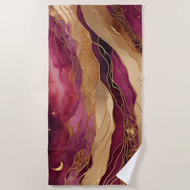Burgundy and Gold Watercolor Abstract Landscape Beach Towel (Front)