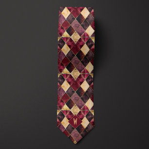 Burgundy and Gold Watercolor Diamond Monogram Tie