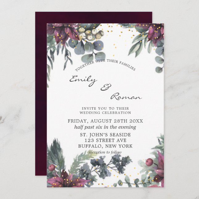 Burgundy and Gold Watercolor Floral Wedding  Invit Invitation (Front/Back)