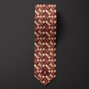 Burgundy and Gold Watercolor Geometric Monogram Tie