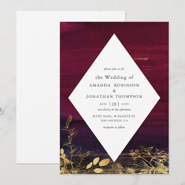 Burgundy and Gold Watercolor Wash Wedding Invitation (Front/Back)
