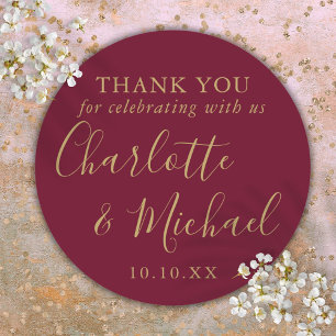 Burgundy and Gold Wedding Favour Thank You Classic Round Sticker