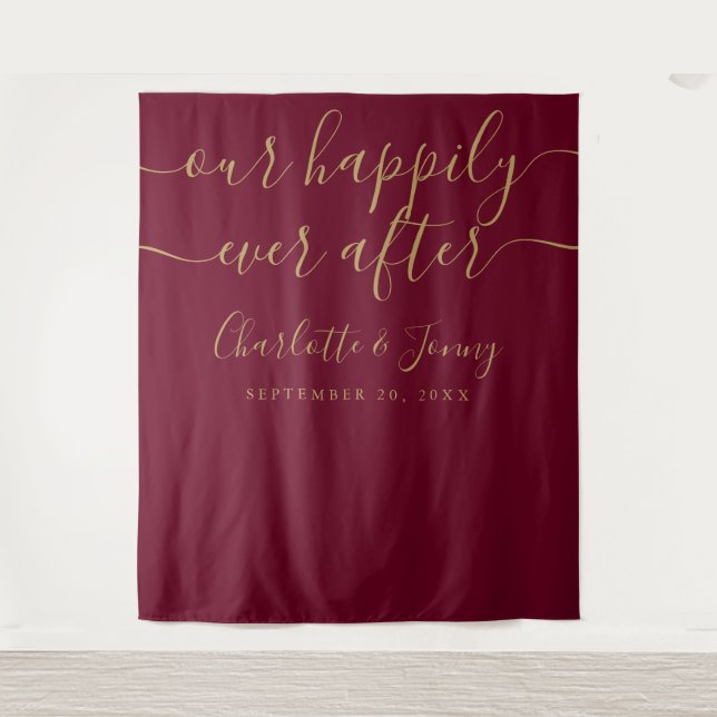 Burgundy and Gold Wedding Photo Backdrop Tapestry (Front)