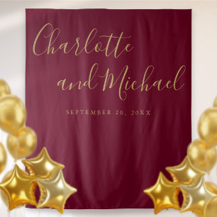 Burgundy and Gold Wedding Photo Booth Backdrop Tapestry