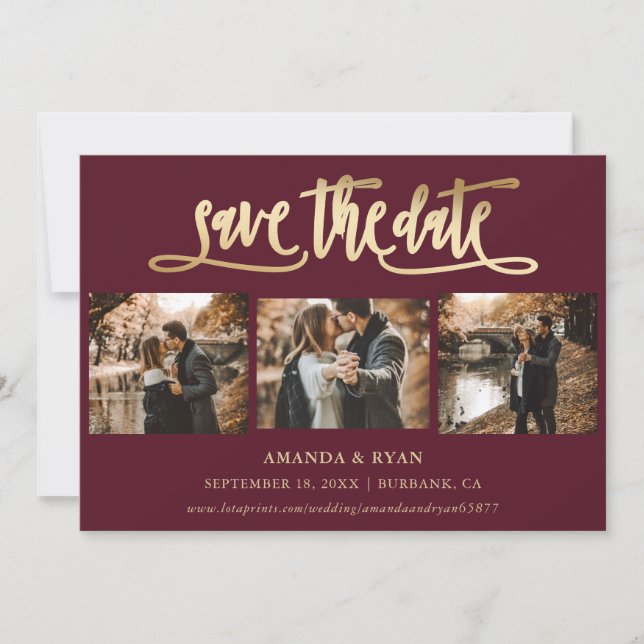 Burgundy and Gold Wedding Photo Save The Date (Front)