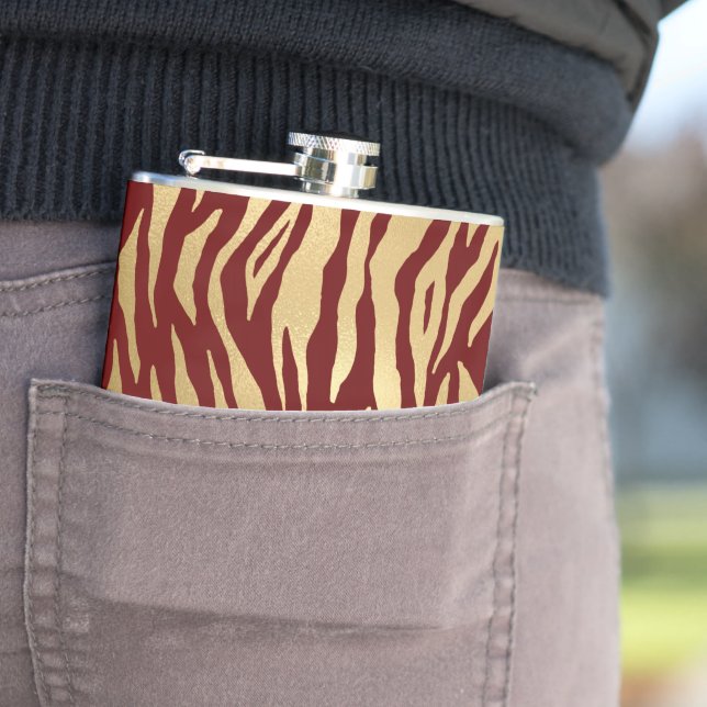 Burgundy and Gold Wild Animal Print Hip Flask (In Situ)