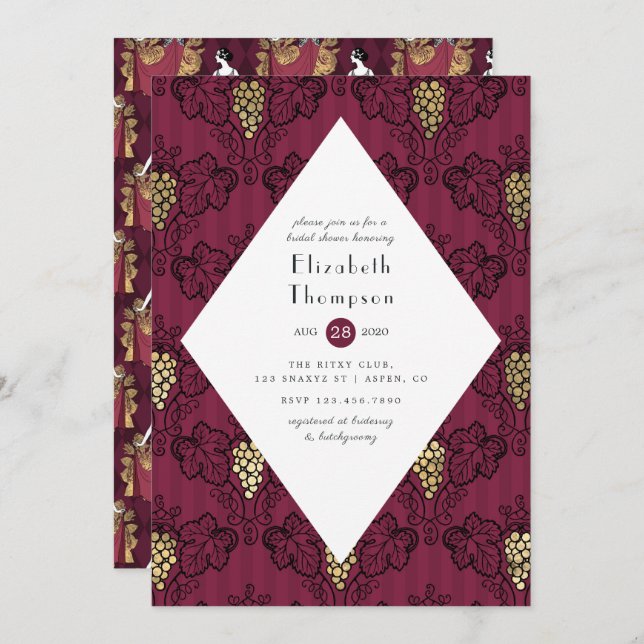 Burgundy and Gold Wine Tasting Bridal Shower Invitation (Front/Back)