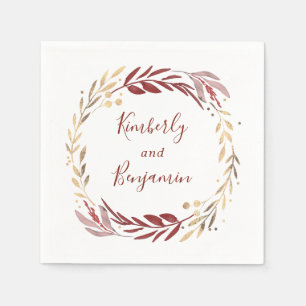 Burgundy and Gold Wreath Wedding Napkin