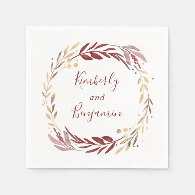 Burgundy and Gold Wreath Wedding Napkin (Front)