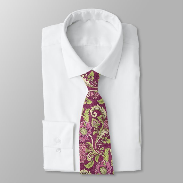 Burgundy and Green Floral Damask Neck Tie (Tied)