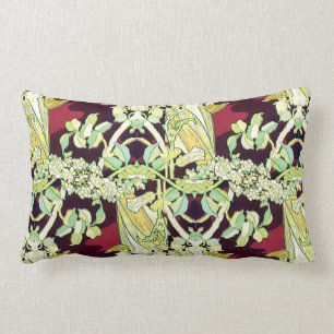 Burgundy and Green Floral  Mucha Remix Abstract Lumbar Cushion