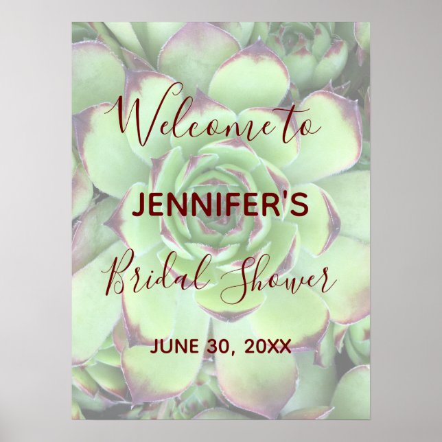 Burgundy and Green Succulent Photo Bridal Shower Poster (Front)