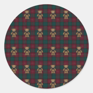 Burgundy and Green Teddy Tartan Tissue Paper Classic Round Sticker