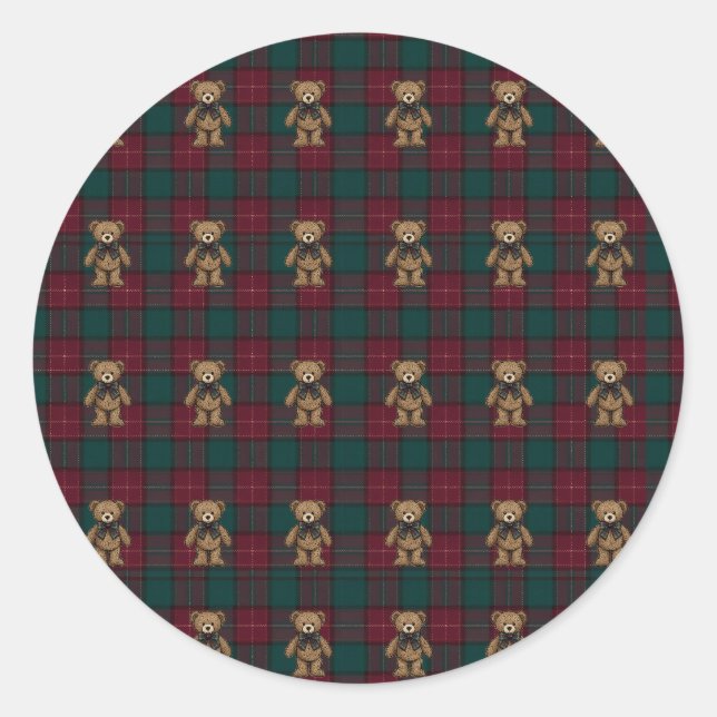 Burgundy and Green Teddy Tartan Tissue Paper Classic Round Sticker (Front)