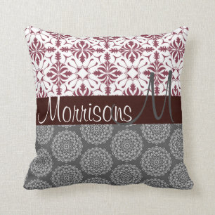 Burgundy and Grey Damask Monogram Cushion