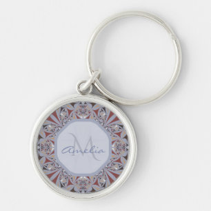 Burgundy and Grey Elegant Pattern Personalised Key Ring