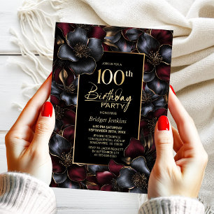 Burgundy and Grey Floral 100th Birthday Party Invitation