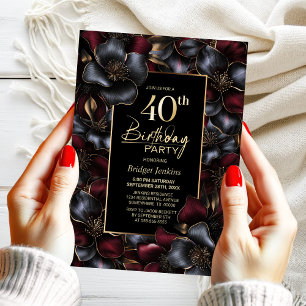 Burgundy and Grey Floral 40th Birthday Party Invitation