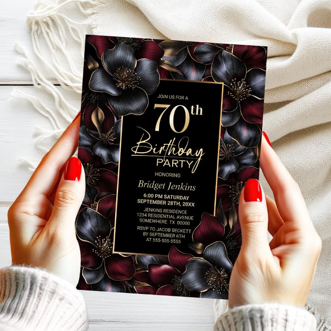 Burgundy and Grey Floral 70th Birthday Party Invitation (Creator Uploaded)