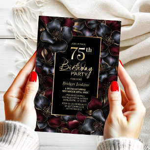 Burgundy and Grey Floral 75th Birthday Party Invitation