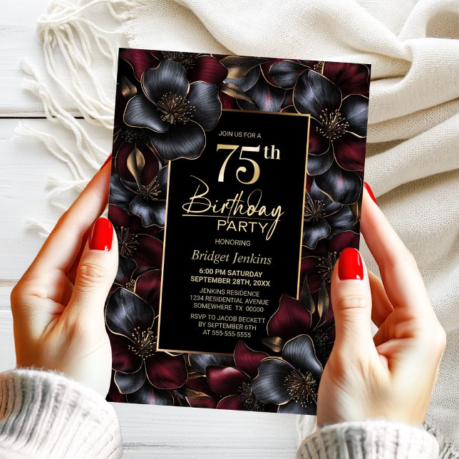 Burgundy and Grey Floral 75th Birthday Party Invitation (Creator Uploaded)