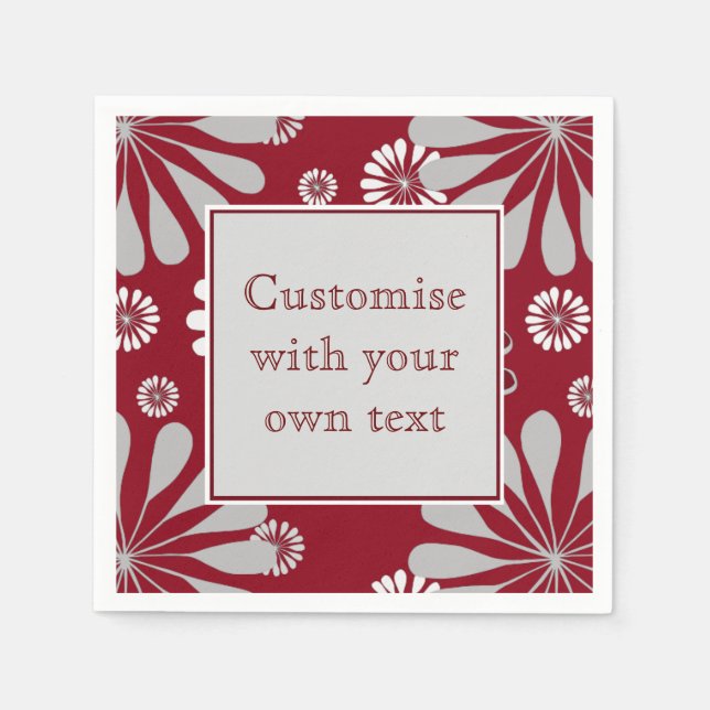 Burgundy and Grey Floral Custom Text Napkin (Front)