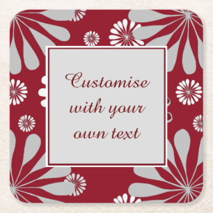 Burgundy and Grey Floral Custom Text Square Paper Coaster
