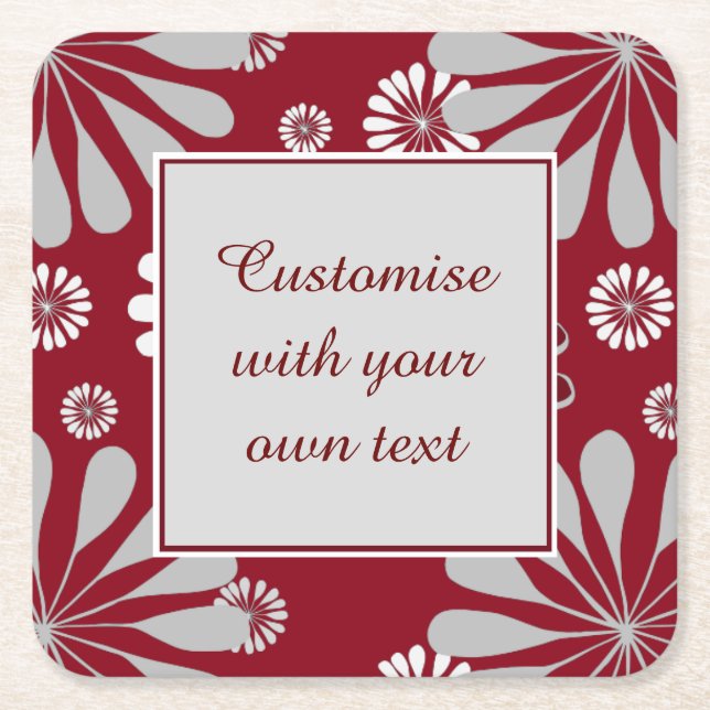 Burgundy and Grey Floral Custom Text Square Paper Coaster (Front)