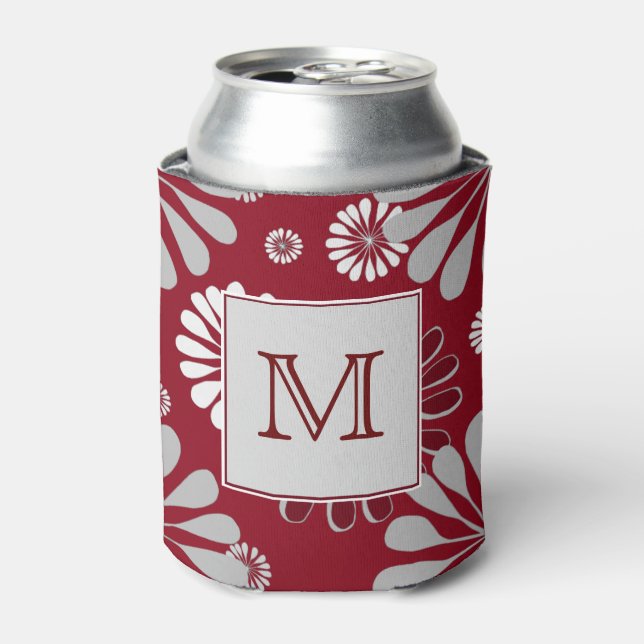 Burgundy and Grey Floral Monogram Can Cooler (Can Front)