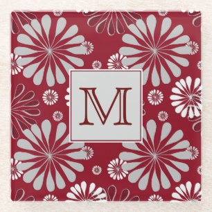 Burgundy and Grey Floral Monogram Glass Coaster