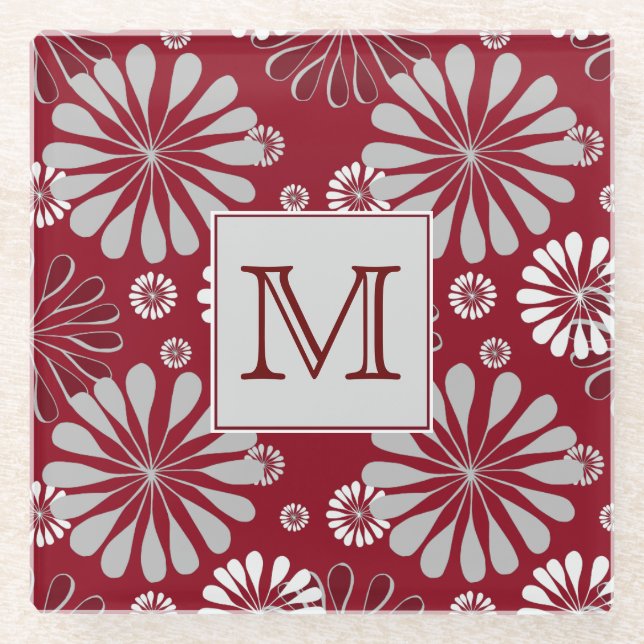 Burgundy and Grey Floral Monogram Glass Coaster (Front)