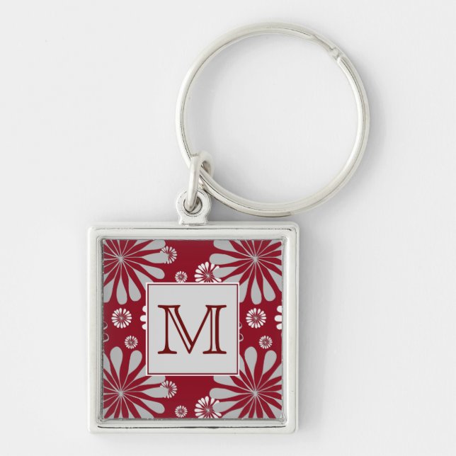 Burgundy and Grey Floral Monogram Key Ring (Front)