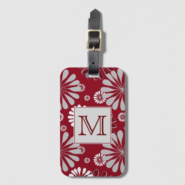 Burgundy and Grey Floral Monogram Luggage Tag (Front Vertical)