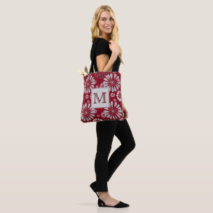 Burgundy and Grey Floral Monogram Tote Bag