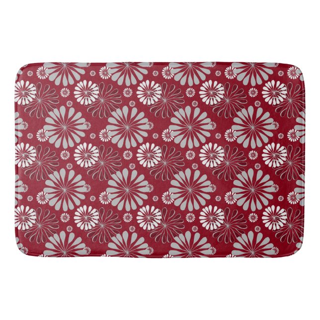 Burgundy and Grey Floral Pattern Bath Mat (Front)