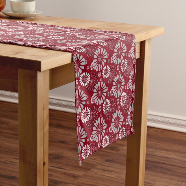 Burgundy and Grey Floral Pattern Short Table Runner (In Situ)