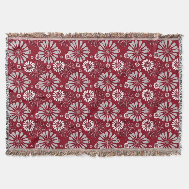 Burgundy and Grey Floral Throw Blanket (Front)