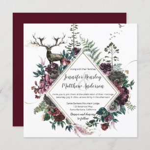 Burgundy and Grey Floral with Stag and Greenery    Invitation