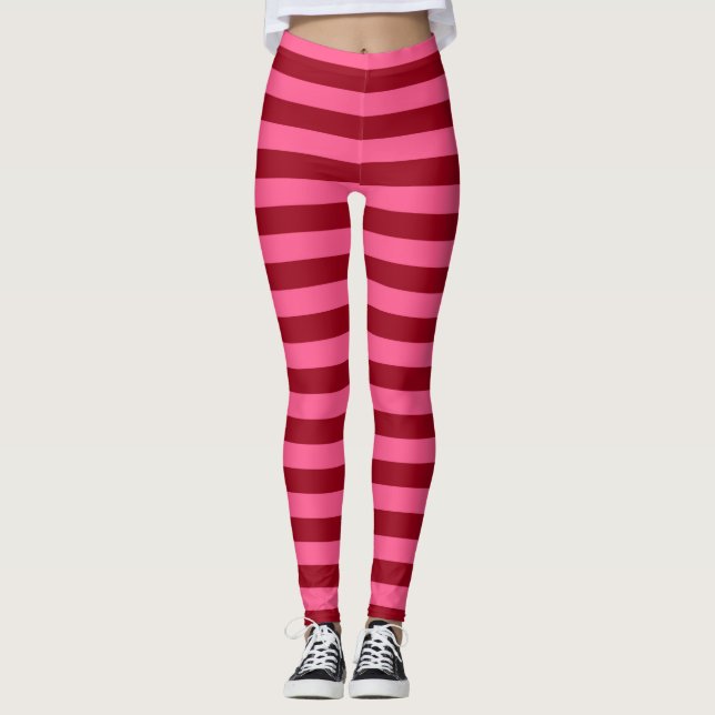 Burgundy and Hot Pink Stripes Leggings (Front)