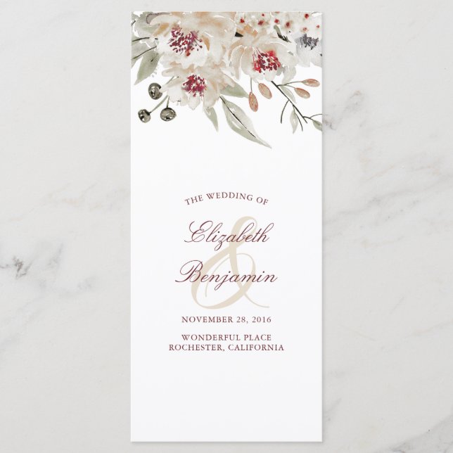 Burgundy and Ivory Floral Wedding Programs Programme (Front)