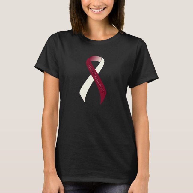 Burgundy and Ivory Ribbon Support Awareness T-Shirt (Front)