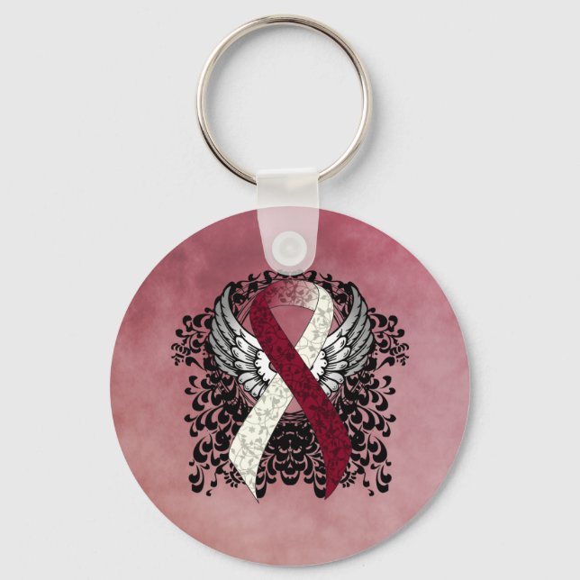 Burgundy and Ivory Ribbon with Wings Key Ring (Front)