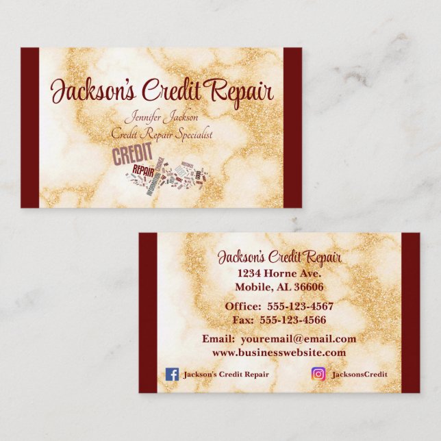 Burgundy and Marble Credit Repair Business Card (Front/Back)