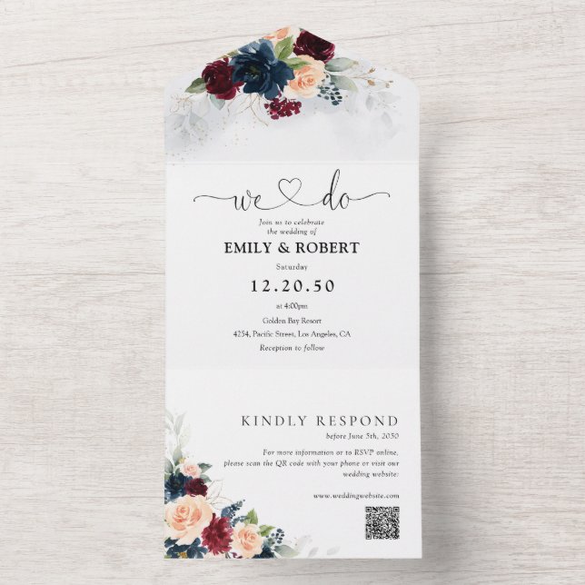 Burgundy and Navy All in One Wedding Invite (Inside)