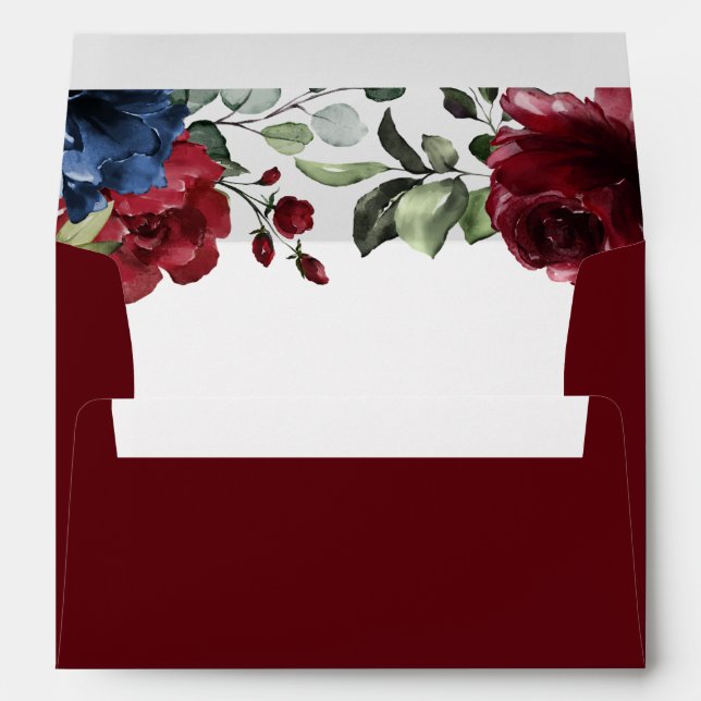 Burgundy and Navy Blue Blush Pink Floral Wedding Envelope (Back (Bottom))