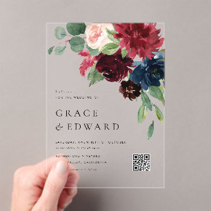 Burgundy and Navy Blue Botanical QR Code Wedding Acrylic Invitations
