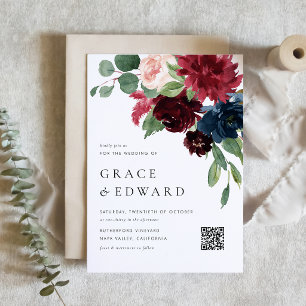 Burgundy and Navy Blue Botanical QR Code Wedding Invitation