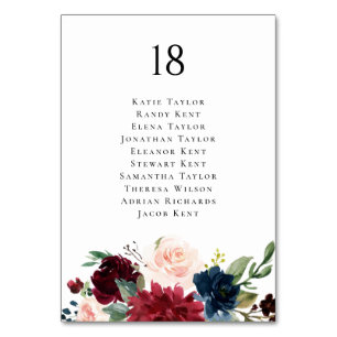 Burgundy and Navy Blue Botanical Wedding Seating Table Number
